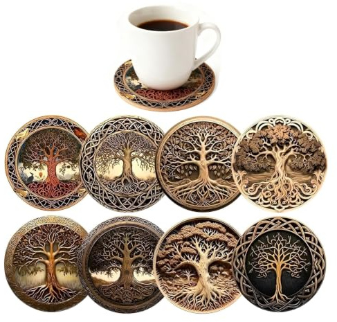 Tree of Life Wooden Coasters Set of 8, 10cm Round Non Slip Drink Coasters Balsa Wood Place Mats Vintage Art Wooden Mug Mats Table Protectors for Coffee Wine Glasses, Housewarming Wedding Gifts