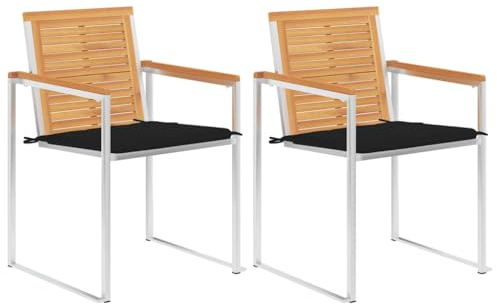 Fangmaliuyun 2er Set Gartenstühle Teak Massivholz Edelstahl Schwarz Polster 60x56x85 cm Modernes Design Robust und Langlebig für Garten Terrasse Balkon