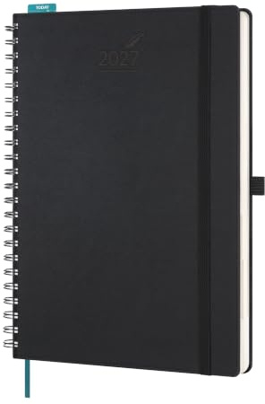 BEZEND Kalender 2027 Tagesplaner 1 Tag 1 Seite mit 4 Spalten A4 30 x 21 cm | 12 Monate Kalender (Jan - Dez 2027), Zeitleiste mit 15-Minuten-Intervallen, 7-20 Uhr, PU-Leder SoftcoverSchwarz