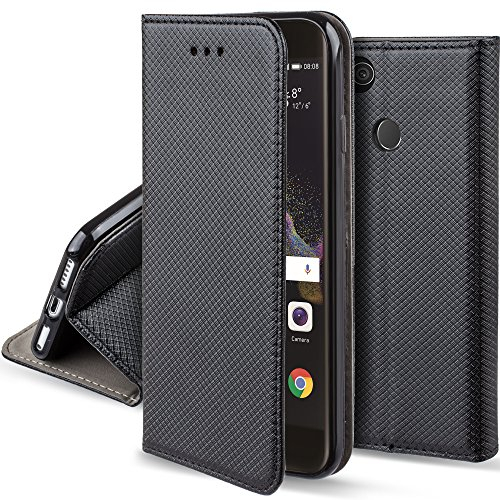 Moozy Cover per Huawei P8 Lite 2017, Nero - Custodia a Libro Flip Smart Magnetica con Appoggio e Porta Carte