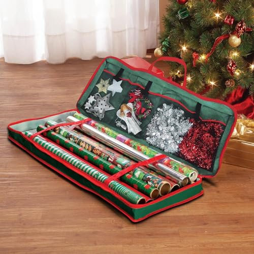GEEZY Christmas Wrapping Paper Storage Bag 82x34x13cm - Gift Wrap Organiser with Mesh Pockets for Ribbons, Bows & Tape - Dual Zipper Carry Case for Xmas Decoration Accessories