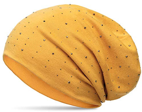 Caspar MU137 Beanie Mütze mit Strass und warmem Flanell Stoff, Farbe:curry, Größe:One Size