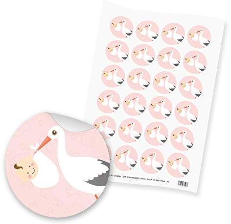 itenga Motiv Storch mit Baby Rosa Pastell für Mädchen Gast Geschenk Geburt Taufe 1. Geburtstag (24 Motivsticker ohne Text)