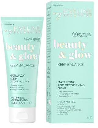 Eveline Cosmetics Beauty&Glow Beauty&Glow Mattifying Detox Cream for Oily & Combination Skin, Makeup Base with ACTIMATT™, Matcha, Clay & Kombucha Ferment - 75ml