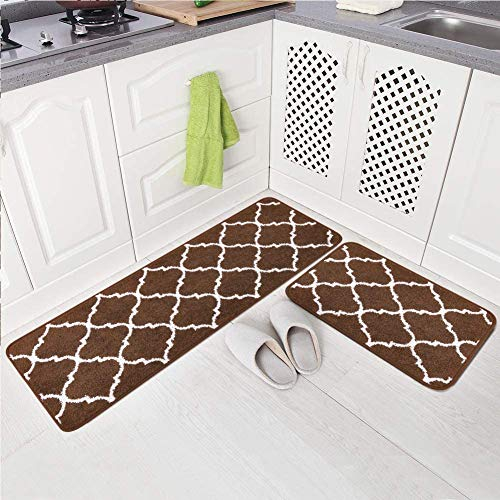 Carvapet 2 Piece Kitchen Rugs Non-Slip Machine Washable Moroccan Pattern Doormat Kitchen Floor Mats (Coffee)