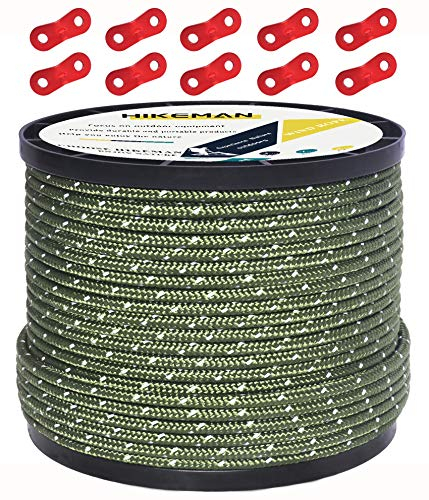HIKEMAN 50 m reflektierende Kordel, Abspannseile für Outdoor-Zelte, Führungsseil, 100% Nylonschnur, Windschnur mit 10 Spannern aus Aluminiumlegierung für Camping (Armeegrün, Durchmesser 5 mm)