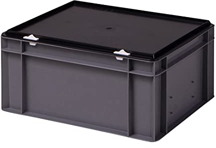 1a-TopStore Stabile Profi Aufbewahrungsbox Stapelbox, grau, mit schwarzem Deckel, 40x30x18 cm, für Industrie, Gewerbe, Haushalt