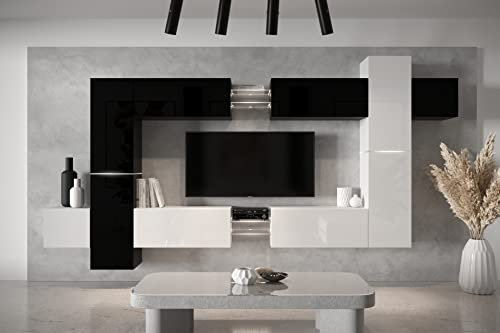 Furnitech Wohnwand Wohnzimmer - Hängend Wohnwand Modern - Schrankwand mit Regale und TV Schrank - Möbel ohne LED (AN91NEW-21BW-HG4)