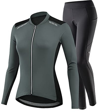 NUCKILY Damen Radtrikot Atmungsaktive Fahrradbekleidung Set Trikot Langarm & Radhose mit 3D Sitzpolster MTB Radsportanzug mit 4 Taschen