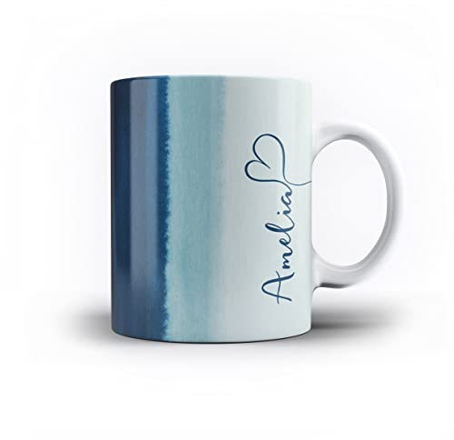 iCaseDesigner Personalised Watercolour Painting Name with Heart 11oz Ceramic Mug - 5. Ultra Marine Sky Vertical Name