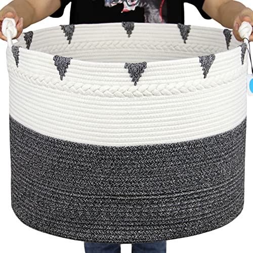 Casaphoria Großer Deckenkorb, 55,9 x 40,6 cm, Boho-gewebte Körbe für Kissen, Baumwollseil, Aufbewahrung für Handtücher, XXL, runder Organizer, faltbar, dekorativ, gewebter Korb für Wohnzimmer
