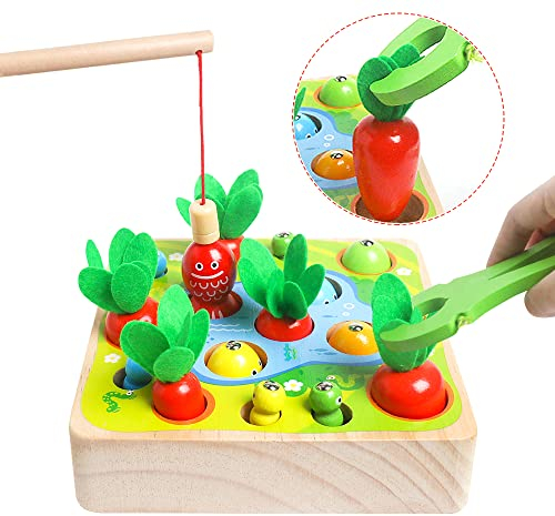 Skrtuan Montessori Spielzeug 2 3 4 Jahre,Karotten Steckspiel Lernspielzeug Holzspielzeug Kinderspielzeug Lernen Feinmotorik 3-in-1 Angelspielzeug Kinder
