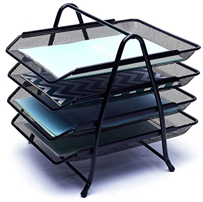 EXERZ Bandejas de Cartas de 4 Capas, clasificador de Papel de pie – Organizador de Escritorio – Soporte para Archivos, Estante de Archivos de Metal de Malla de Alambre- Negro