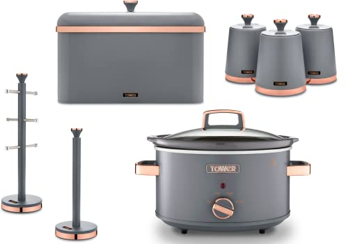 Tower Cavaletto Grey & Rose Gold 3.5L Slow Cooker, Bread Bin, Set of 3 Tea, Coffee & Sugar Canisters, Mug Tree & Towel Pole. Matching Set of 7 Kitchen Items in Grey & Rose Gold