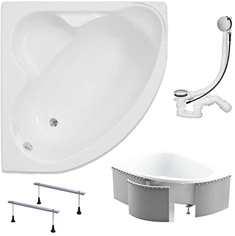KOLMAN Badewanne STANDARD Eckbadewanne 120x120 mit Styroporverkleidung, Ablaufgarnitur und Füßen Komplettset 4in1 Premium Original Acryl Wanne Siphon
