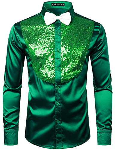 PARKLEES Men's Shiny Sequins Design Silk Like Satin Button Up Disco Party Dress Shirts Emerald M