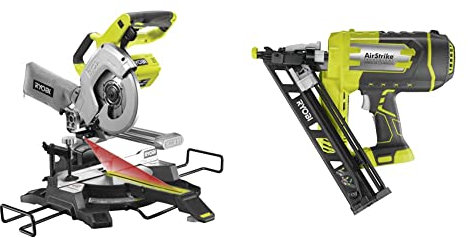 Ryobi R18MS216-0 One+ Cordless Mitre Saw, 18 V, Hyper Green & R15GN18-0 18V ONE+ Cordless 15 Gauge Nailer (Bare Tool), Hyper Green