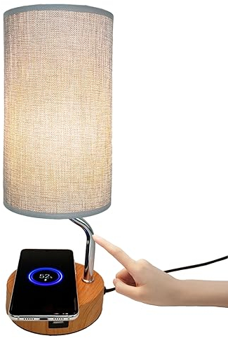 YNDD Nachttischlampe mit Ladefunktion,Kabelloses Laden Tischlampe mit USB-Anschlüsse Touch Dimmbar Stoff E27 Tischleuchte 3 Helligkeitsstufen für Wohnzimmer Schlafzimmer Bedside Hotel Büro