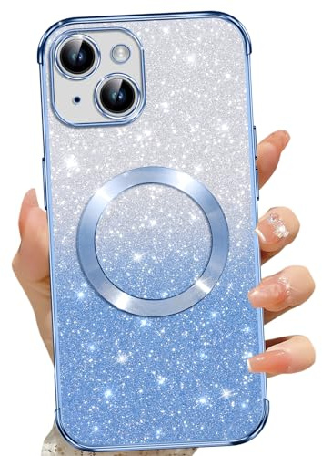 Phoona Cover Magnetica per iPhone 15, Glitter Custodia Compatibile con MagSafe, Anti Graffi, Non Ingiallente, Protezione Completa Case iPhone 15, con 2 Vetro Temperato, Blu