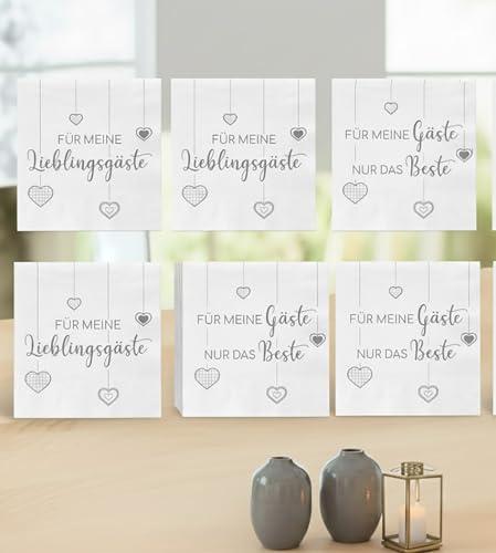 KAMACA Servietten Für meine Lieblingsgäste 33x33 cm 3-lagig elegante Papierservietten mit Herzmotiv für Hochzeit Geburtstag Taufe Kommunion Brunch Tischdekoration Feier (120 Servietten Gäste)