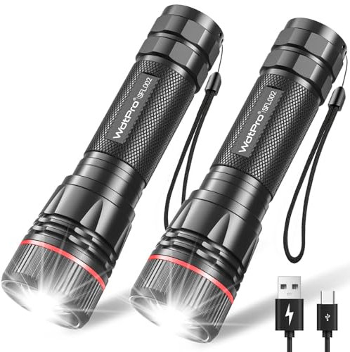 WdtPro Linternas recargables de alto lúmenes, paquete de 2 linternas EDC superbrillantes de 10 horas de larga duración, mini luces tácticas LED para emergencias de camping, resistentes a caídas y al