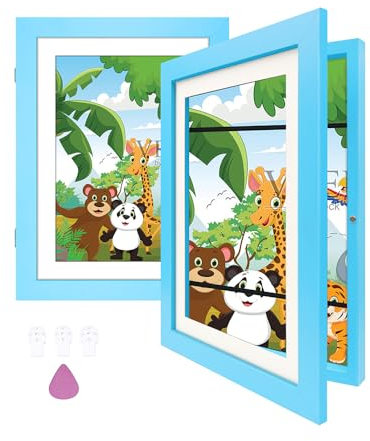 BOKALAKA Bilderrahmen Kinderzeichnungen A4, Kinder Kunstrahmen Frontöffnung 2 Stück, Bilderrahmen für Kinderzeichnungen, Kinder Bilderrahmen, Bilderrahmen Wechseln Kinderzeichnungen（2 Blau）