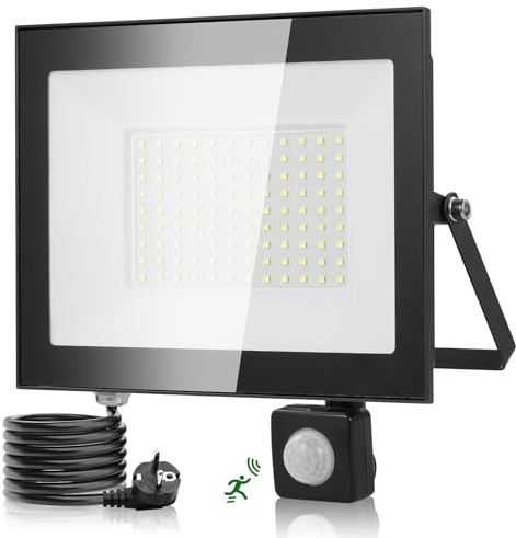 wowspeed 100watt Led Strahler Außen Mit Bewegungsmelder 10000lm Aussenleuchte Kaltweiss Scheinwerfer Mit Stecker Fluter Aussenstrahler IP67 Wasserdicht Flutlicht 1.2M Cable Fur Garten