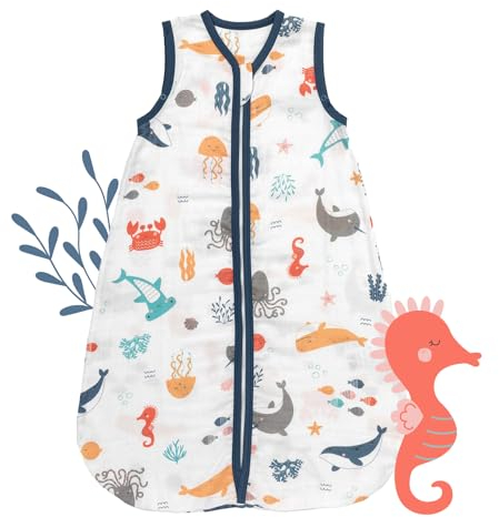 Schlummersack Baby Schlafsack Neugeboren Sommer 0.5 Tog 56 cm dünn Bambus-Musselin Meerestiere | Baby Sommerschlafsack dünn |Sommer Schlafsack Baby 0 5 Tog | Newborn Schlafsack Baby Sommer ungefüttert