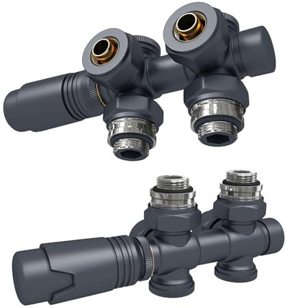 EMKE Hahnblock Multiblock Heizkörper Mittelanschluss Ventil-Armaturen Ventilhahnblock Set mit Thermostat, Eck und Durchgangsform, Heizkörperventil für Badheizkörper Anthrazit G1/2, 2 Stück