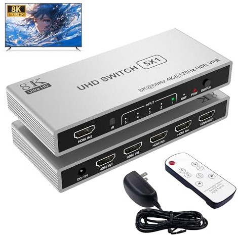 5 Port HDMI 8K Switch HDMI Switcher Splitter 5 in 1 Out 4K@120Hz/8K@60Hz - HDMI 2.1 Switch mit Fernbedienung, 48Gbps, HDR10+, Dolby, HDCP 2.3 CEC VRR, für PS5/PS4, Xbox X, TV