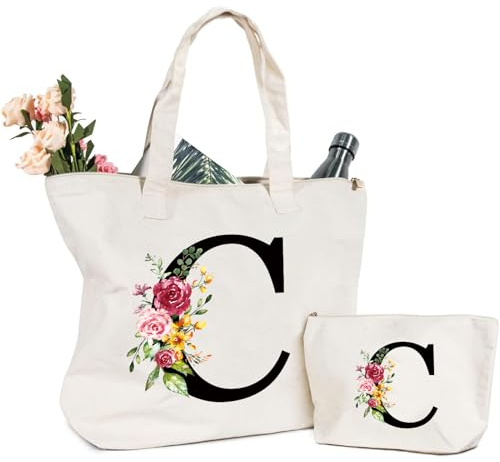 Tragetasche und Kosmetiktasche mit Initial, Canvas Einkaufstasche mit Reißverschluss, Personalisiert Initialen Baumwolltasche Geschenk für Freundin Frau Mama Schwester Geburtstag Hochzeit Muttertag C