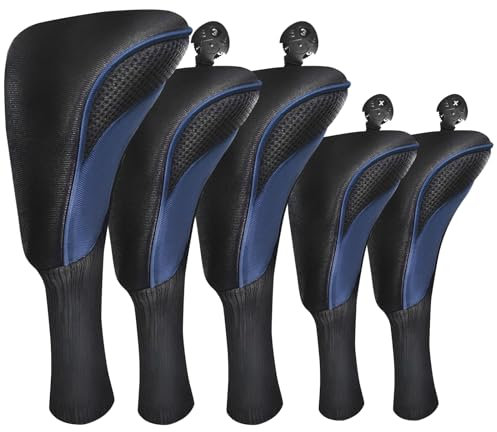 FINGER TEN Fundas para cabeza de palo de golf para palos de golf, cubierta larga, híbrida, Fairway, fundas para cabeza con etiqueta intercambiable, ajuste duradero, para palos de madera (azul marino,