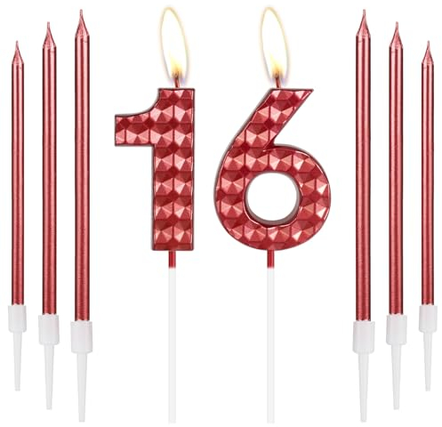 Red 16th Birthday Candles, Girls Boys 16th Birthday Decorations, Red Birthday Number 16 Candles, Happy Birthday Candle, Red Cake Candles Topper for Women Men Birthday Party Wedding Anniversary