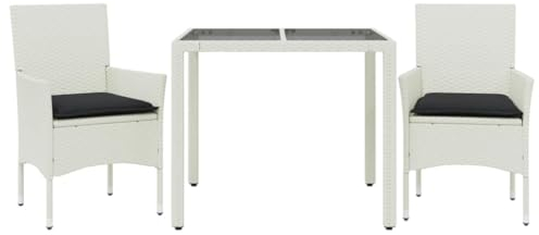 vidaXL Garten Essgruppe 3-TLG., Gartenmöbel Set mit Kissen, Gartengarnitur Tisch 2 Stühle, Lounge Sitzgruppe Sitzgarnitur, Weiß Poly Rattan Glas