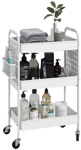 HOMCOM 3-tier Storage Trolley on Wheels, Rolling Utility Serving Cart with 3 Mesh Baskets, 2 Hanging Boxes and 6 Hooks for Living Room, Kitchen, White