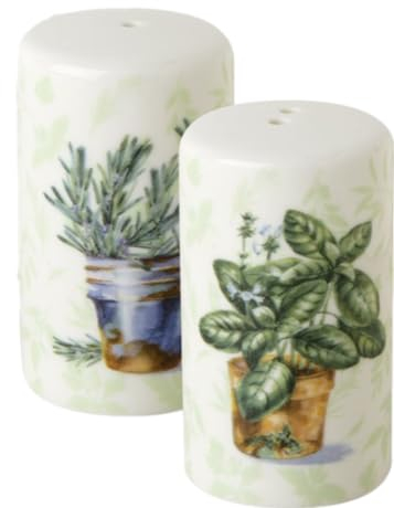 Garden Herb Themed Porcelain Thyme and Sage Cruet Set - Salt & Pepper Pots/Shakers - Green/White/Brown - 6 cm