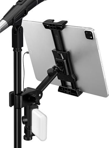 LZSIG Updated Tablet & Power Bank Mount Holder for Mic Stand, Adjustable Microphone Music Stand iPad Phone Clip, Compatible with iPhone, Android, All 4.7 to 13.5-inch Smartphones (XL)