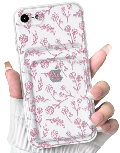 NITITOP Compatible with iPhone 7/8 / SE Case Clear with Card Holder Cute Flower Floral Leave Pattern for Women Girl Soft TPU Shock-absorbing Wallet Case Protective Phone Cover - Pink