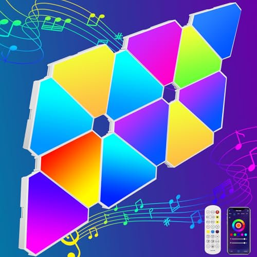 16 Couleurs Panneaux Lumineux LED Connectés,Appliques Murales Luminaires Intérieur Triangulaire Modulaires et Variables,Gaming Triangulaire LED RGB,Lumières Créative avec Synchronisation de la Musique