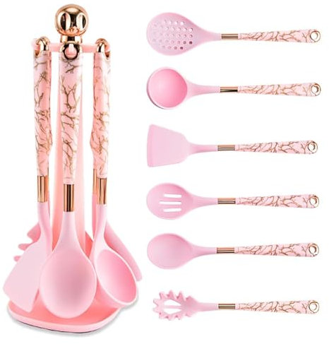 Justup Set di pentole da cucina, 7 pezzi, in silicone, colore rosa, con supporto girevole, 446°F, set di spatole resistenti al calore, gadget da cucina per pentole antiaderenti (rosa)