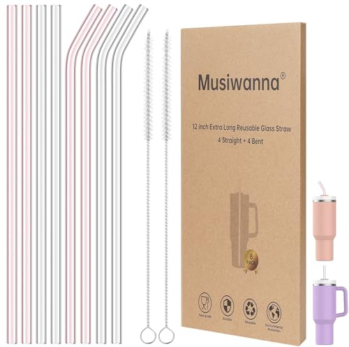Glasstrohhalme 31cm Lange Durchmesser 1cm für Stanley Adventure Quencher Reisebecher 40oz, 8 Stück Ersatz Trinkhalme mit 2 Reinigungsbürsten, Wiederverwendbar Strohhalme (Rosa+Transparent)