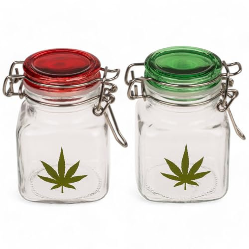 MIJOMA Set of 2 Swing Jars with Cannabis Leaf Design - Airtight Storage Jars for Herbs, Spices, Sweets - Glass Container with Silicone Seal, 4 x 7 cm