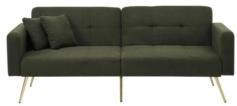 Kebnor Schlafsofa mit Bettfunktion, verstellbarem Winkel, goldenen Beinen, mit Kissen und seitlichen Aufbewahrungstaschen (grün)