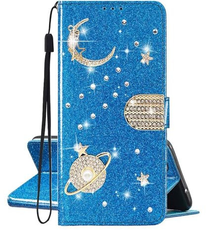 SEHEYA Coque Rabat Compatible avec Motorola Moto G05 Étui Portefeuille Cuir PU Glitter Ciel Étoilé Lune Galaxie Paillette Diamant Housse Pochette Telephone Portable Femme Flip Case, Bleu