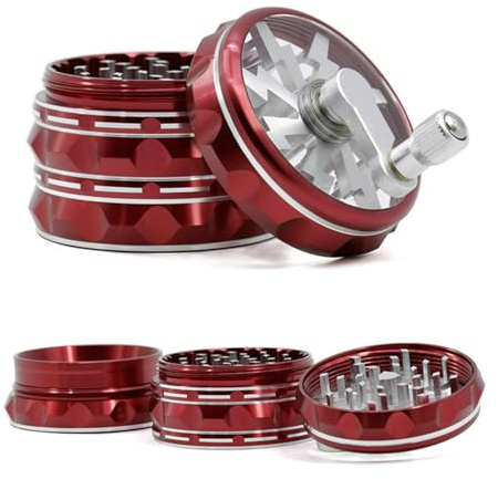 Aluminium Herb Grinder, 4 Piece Metal Grinder & Jar | 2.5 Spice Grinder with Pollen Scraper and Transparent Lid, Practical Coffee Muller Hand Crank Tobacco Grinder