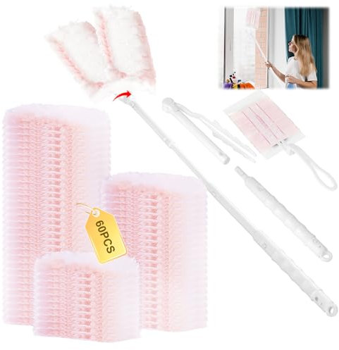 60 Stück für Swiffer Staubmagnet Nachfüllpack Set - Staubwedel für Swiffer, Duster Nachfüllpack für Swiffer mit 1 Handgriff, 1 Teleskopstange für Tierhaare Staub Schmutz(Rosa)