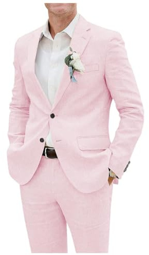 Costume 2 pièces en lin pour homme Veste Pantalon Boutonnage simple Revers cranté Smoking léger pour Affaires et Mariage, rose, 3XL