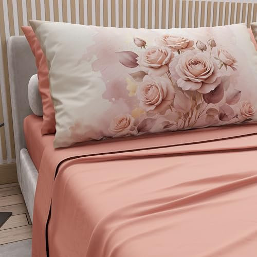 PETTI Artigiani Italiani - Parure de Draps en Coton pour Lit 1 Place et Demi Française avec Taies d'oreiller et Drap Housse 140x200, Motif Floral Rose Poudré, 100% Fabriqué en Italie