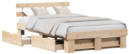 vidaXL Bettrahmen mit Kopfteil Braun 140 x 190 cm Massives Kiefernholz, Moderner rechteckiger Holz-Bett, stylisches Design mit viel Stauraum, minimalistische Schlafzimmer-Ästhetik