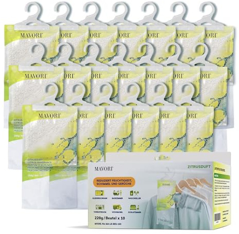 MAVORI 20er Set Luftentfeuchter zum Aufhängen I Luftentfeuchter Beutel I Entfeuchter Schrank und Feuchtigkeitsabsorber für Räume gegen Feuchtigkeit und Gerüche I bis zu 500ml Beutel (Zitrusduft)
